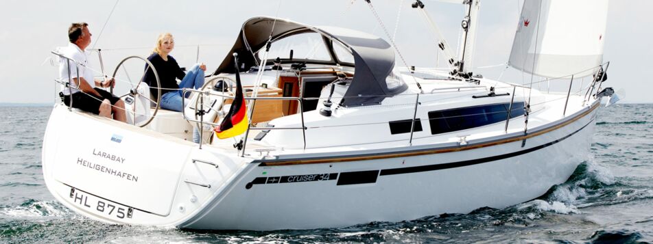 Heckansicht unter Segel der Bavaria cruiser 34 „Larabay“ in Heiligenhafen