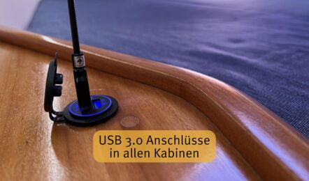 USB 3.0 Anschluesse in allen Kabinen Innenaufnahme der Bavaria 46 cruiser „Foxi“ in Heiligenhafen